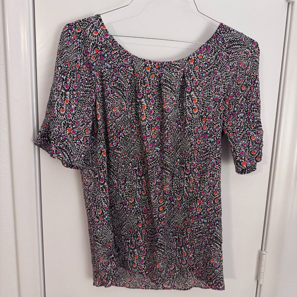 LIlly Pulitzer Size 10 100% Silk Blouse Black/White/Orange/Pink Abstract Peacock